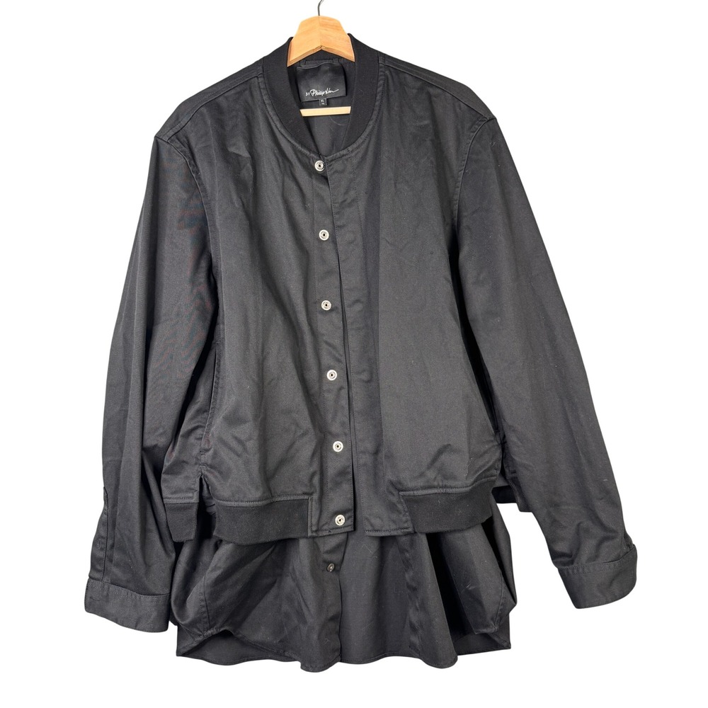 3.1 Phillip Lim Black Layered Bomber Shirt Jacket XL Snap Front Mixed Media